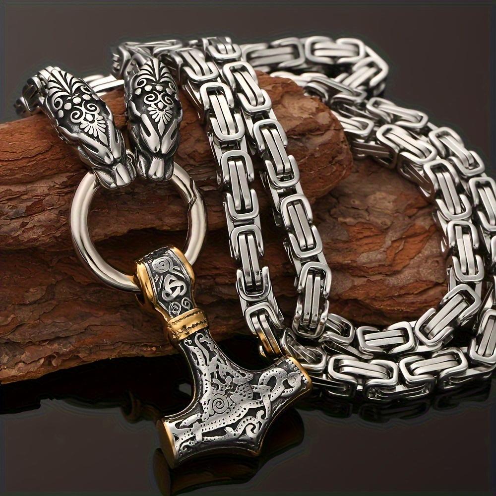 Cross-border Hit Men's Nordic Viking Stainless Steel Wolf Head Thor's Hammer Pendant Necklace