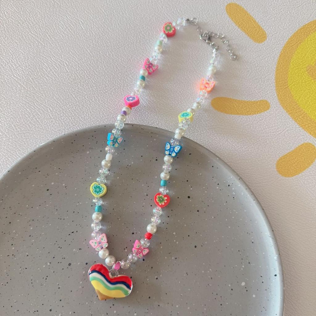 Summer Fashion Dopamine Candy Color Flowers Bow Tie Heart Star Pendant String Beads Necklace for Women Cute Collar Chain Jewelry