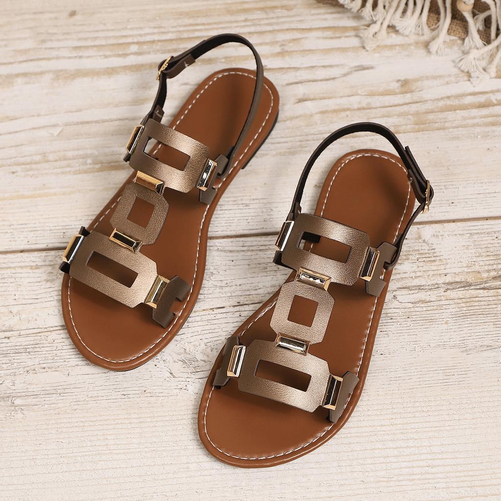 Sandales plates à boucle grande taille pour femme, Chaussures de plage unies ajourées, Claquettes décontractées tendance pour l'extérieur