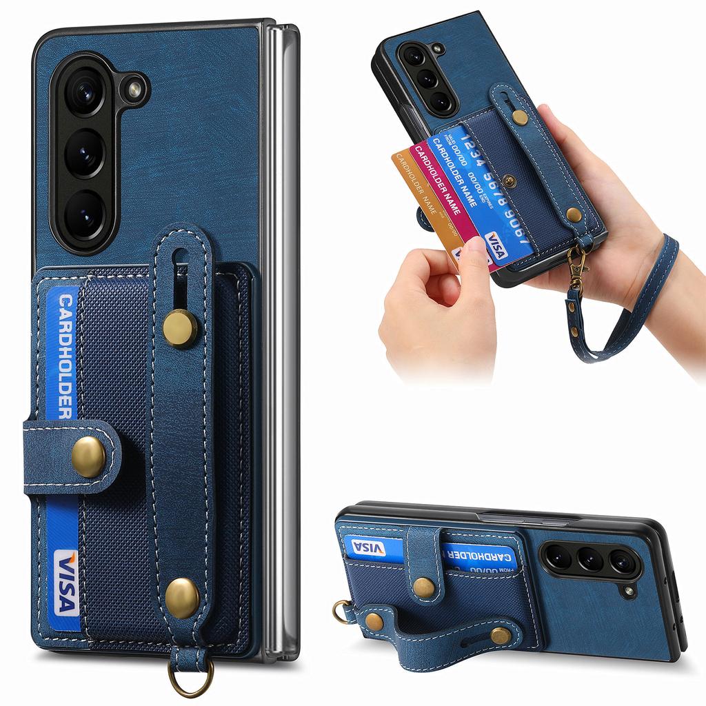 Für Samsung Galaxy Z Fold6 5G Hülle Kartenhalter Armband Leder+PC Abdeckung mit Riemen