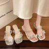 Rhinestone Thick Heel Slippers Women's Summer Wear with Skirt 2025 New Fairy Style Two Wear Bow Middle Heel Sandals