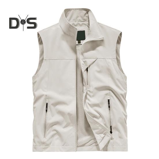 Herre Vest Ståkrage Ermeløs Glidelåslukking Vestjakke med Store Lommer Ensfarget Utendørs Fiskevest