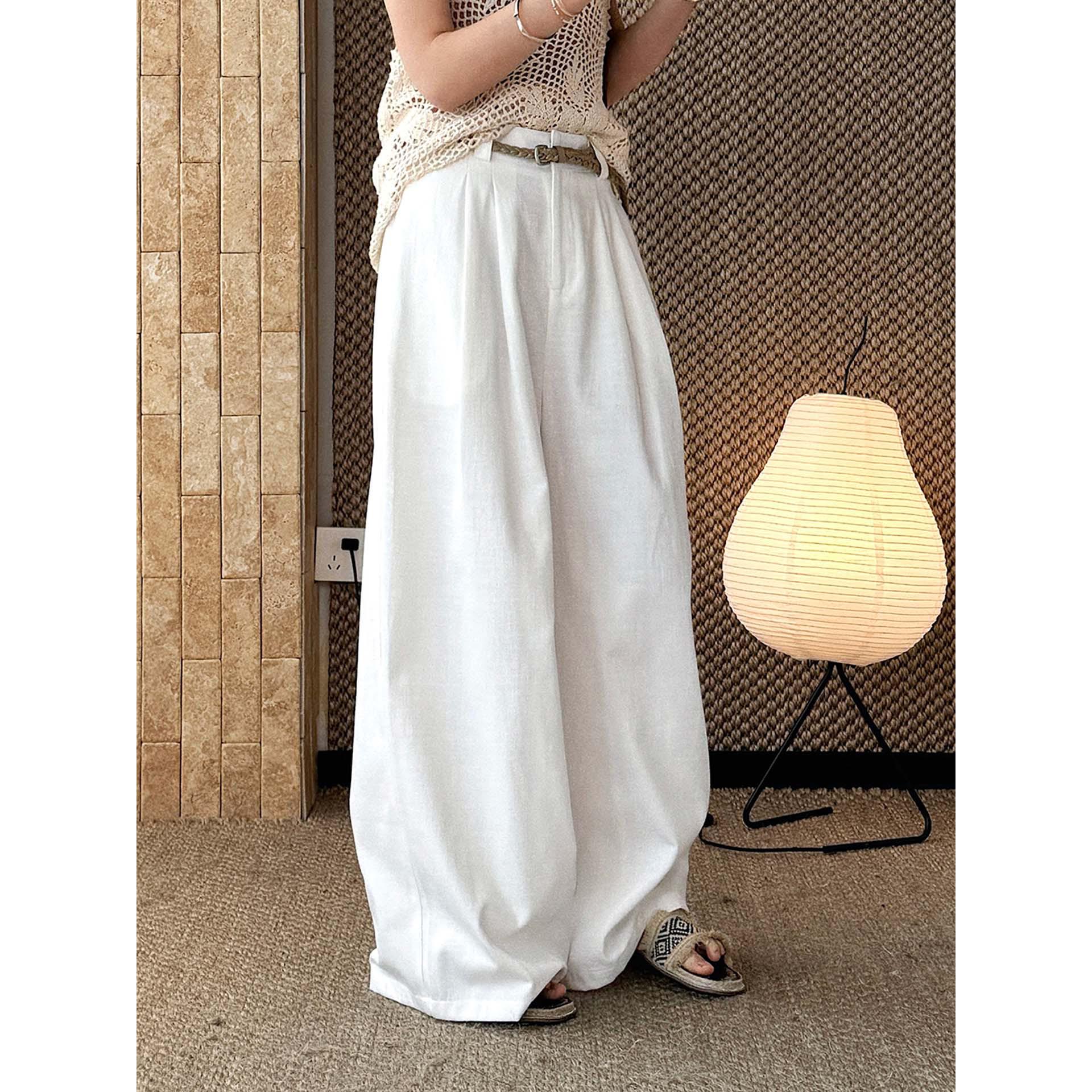 Women s Retro Korean Style Cotton Linen Casual Pants with Woven Belt M белый