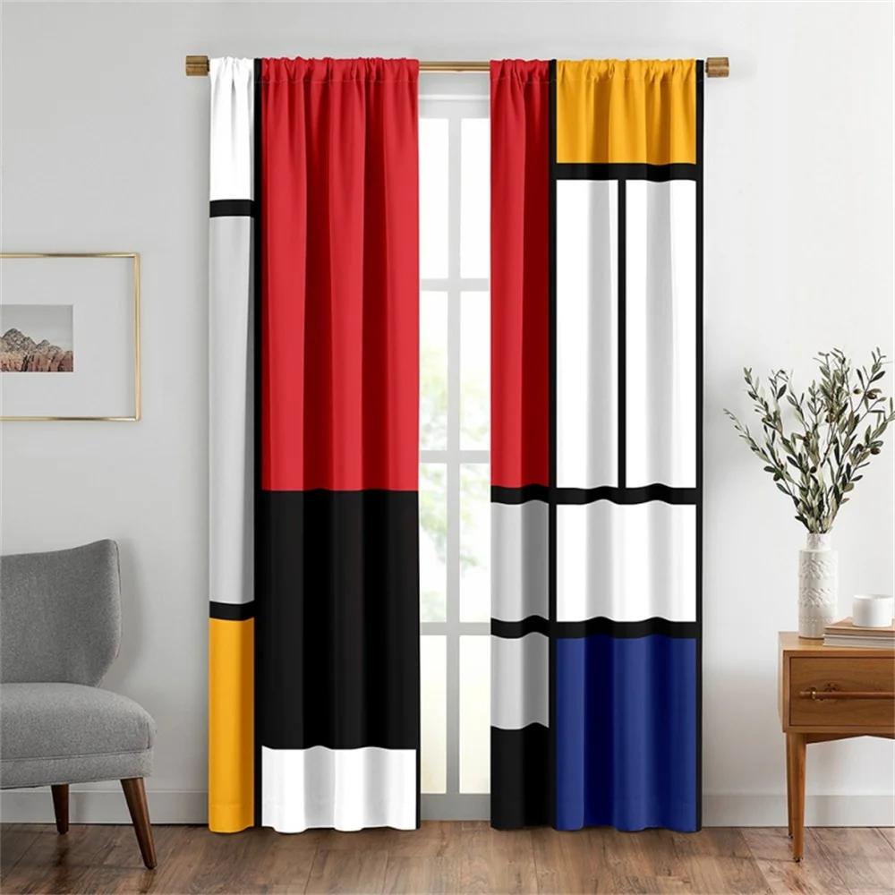 2PCS Abstract Geometric Stripes Rectangles Red Black Modern Light Filtering Curtains for Living Room Bedroom Window Drape Decor