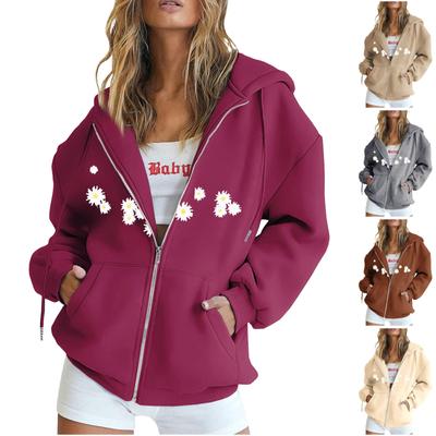 Moda feminina solta casual estampada manga comprida jaqueta suéter com capuz