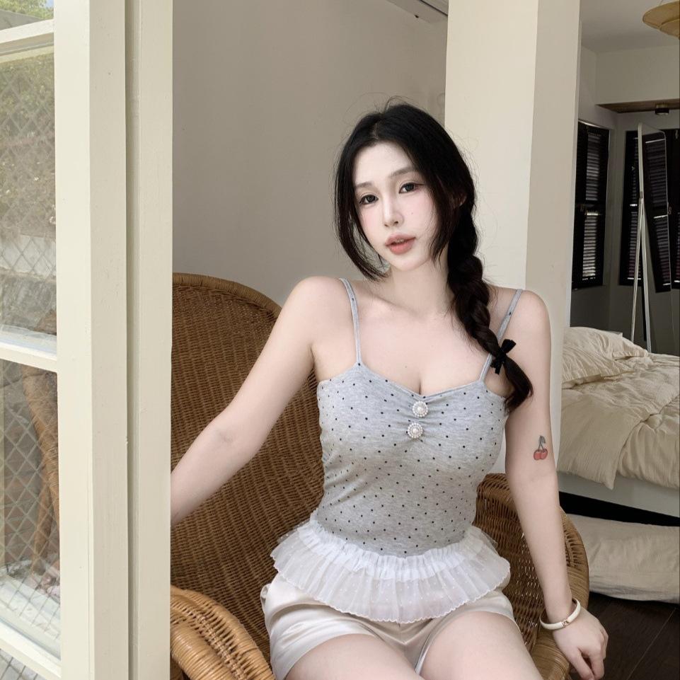 #Human Cotton Sweet Wind Polka Dot Lace Splicing Sling Vest with Lace Hem Slim Fit One-piece with Chest Pad