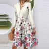 Women's Fashion Casual V-Neck Long Sleeve Waist Floral Print Midi Dress