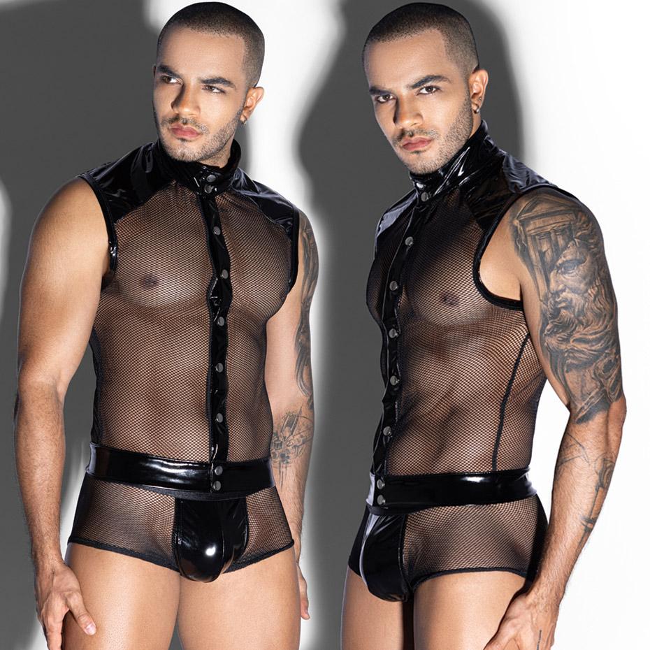 JSY Sexy Lingerie Men Body Underwear Set 2 Pieces Leather Top And Pant Set Bodysuit Nightwear Erotic Lingerie Porno Costume