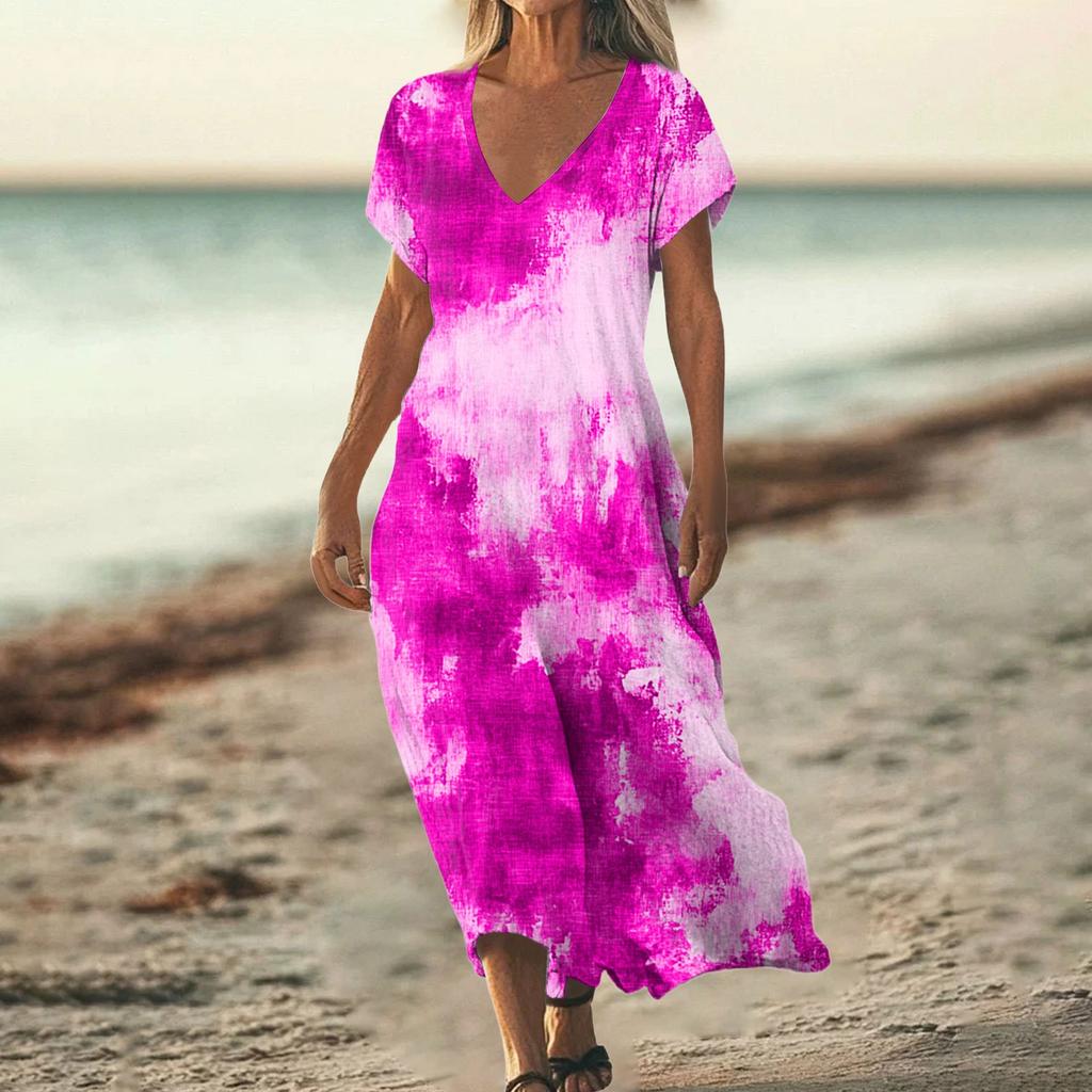 Mode Damen Sommer V-Ausschnitt Kurzarm Baumwolle und Leinen Vintage Blumendruck Strandkleid