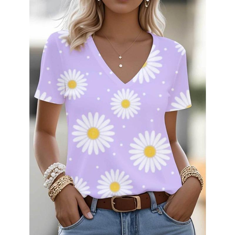 

Casual Short Sleeve V-Neck T-Shirt for Women Featuring a 3D Full-Body Print of Daisies S