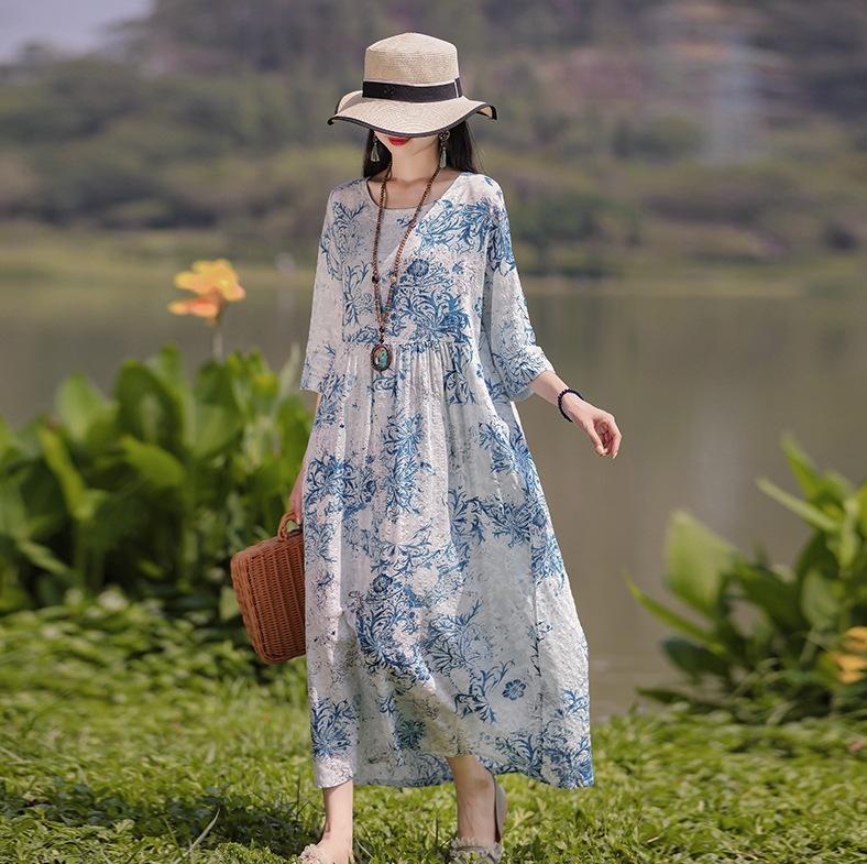 Kleid für Damen im Ethno-Stil Sommer Übergröße Druck Bauch kaschierend War schlank Über dem Knie Dreiviertelarm Langer Rock