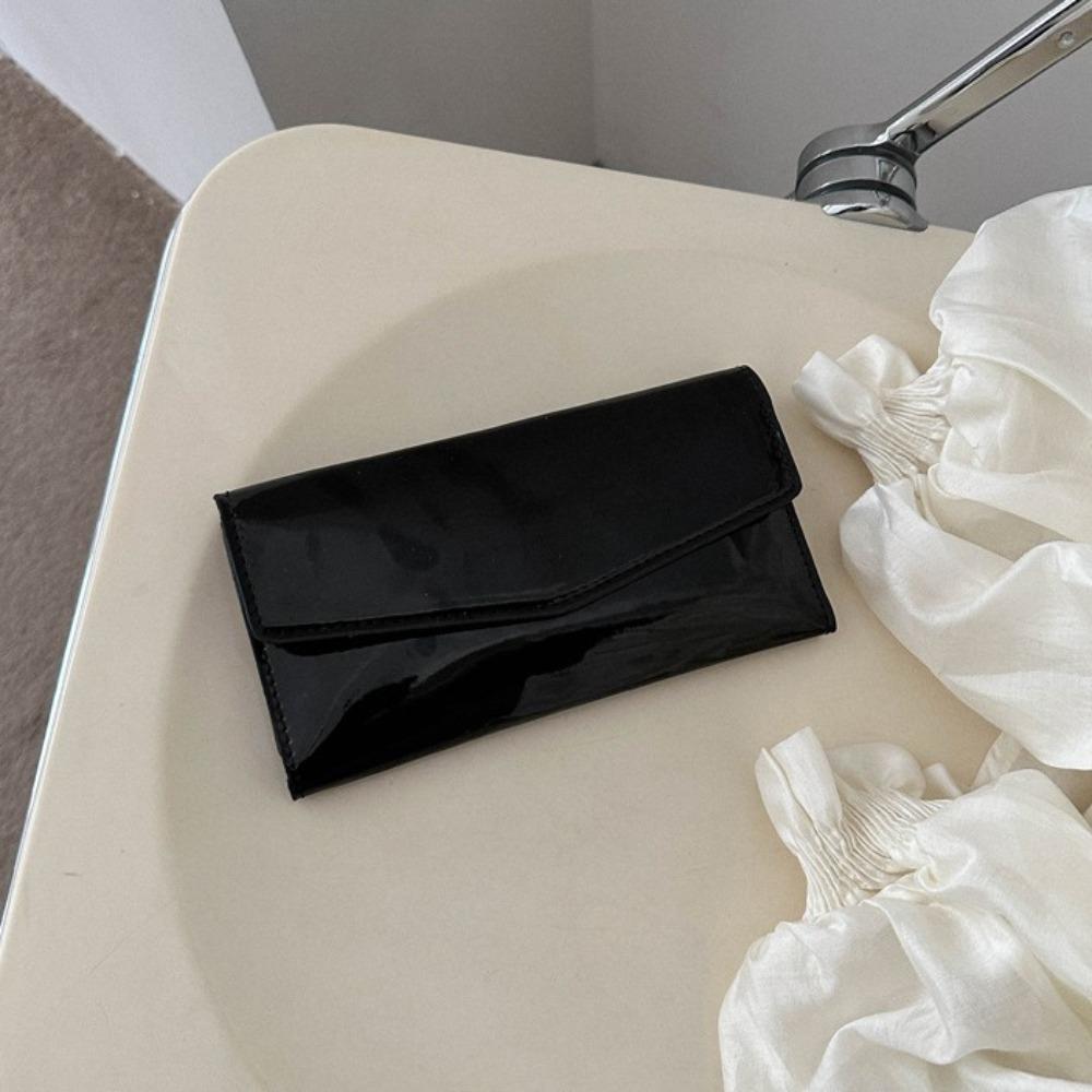 Elegant Pu Leather Envelope Evening Bag Functional Shiny Triple Flod Long Wallet Solid Color Korean Style Handheld Bag Girls