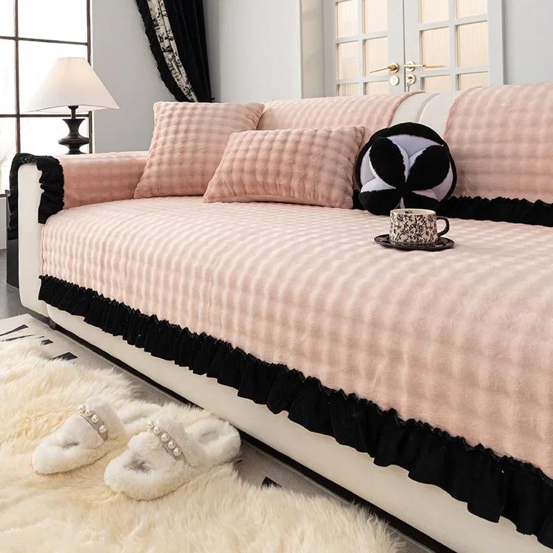 Winter Thick Plush Non-slip Advanced Light Luxury Anti Slip Cushion And New Nordic Straight Line Sofa Full Cover Sofa Cover 70x70cm 1pcs