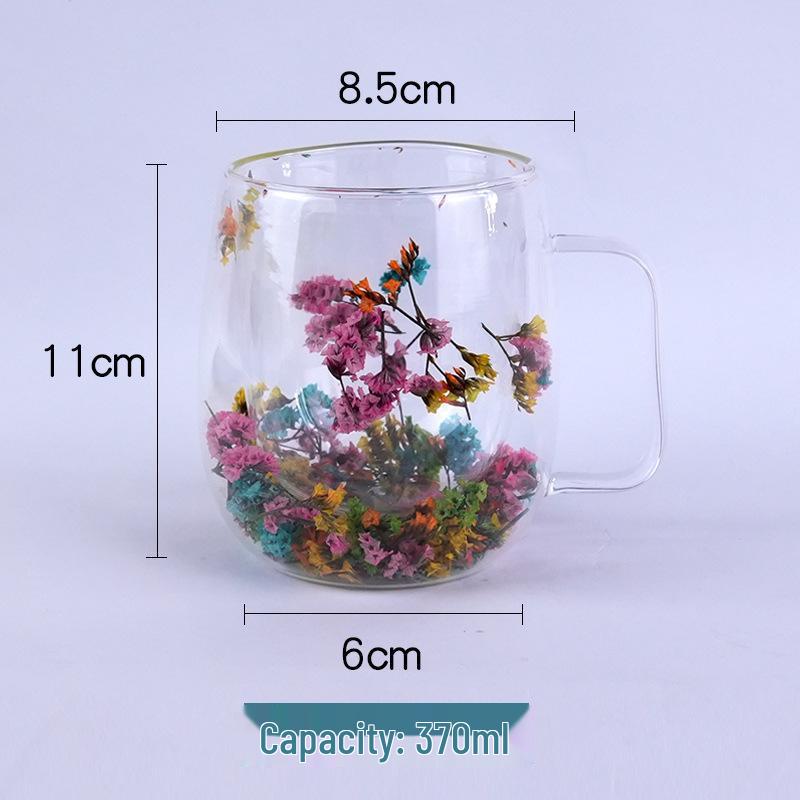 Luxury Double-Layer Glass Cup with Real Flowers and Quicksand Design