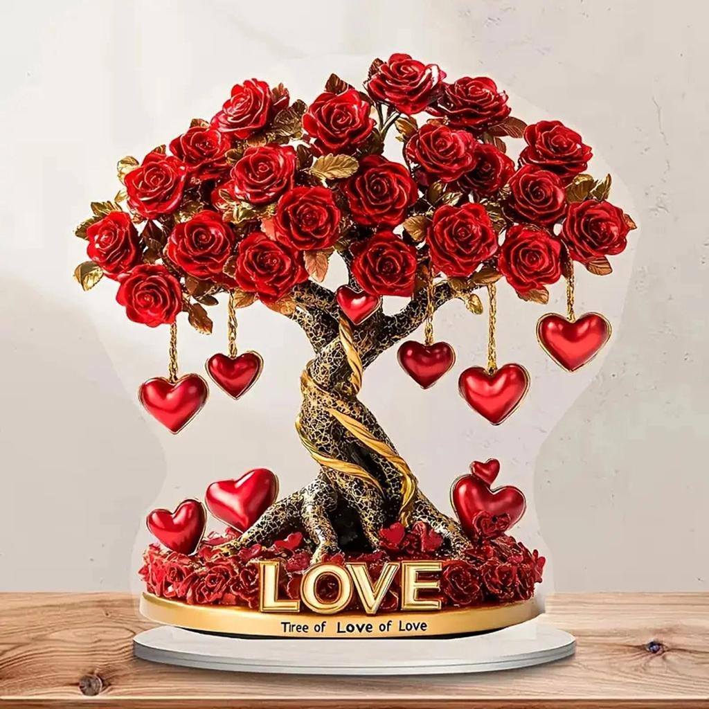 Valentine's Day Rose Tree With Heart Table Decoration,2D Flat Acrylic Ornament For Desktop Mantel Kitchen Decor Holiday Winter Party Gifts