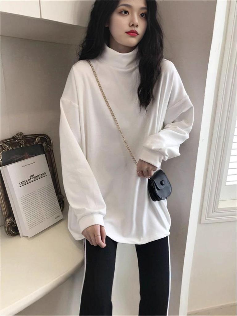 Women's Plus Size Long Sleeve T-Shirt, Thick Warm Fleece, Half-High Collar, Belly-Covering Base Layer for Autumn/Winter