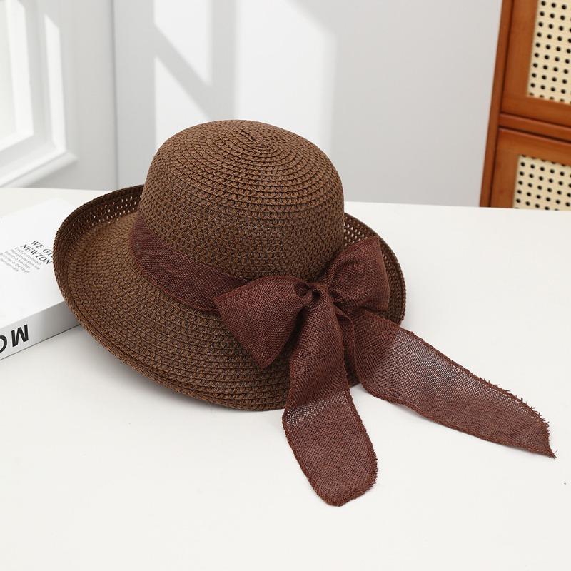 Summer Bow Sun Hat Female, Seaside Beach Vacation Sun Hat Outdoor Big Brim Sun Hat Sweet Straw Hat