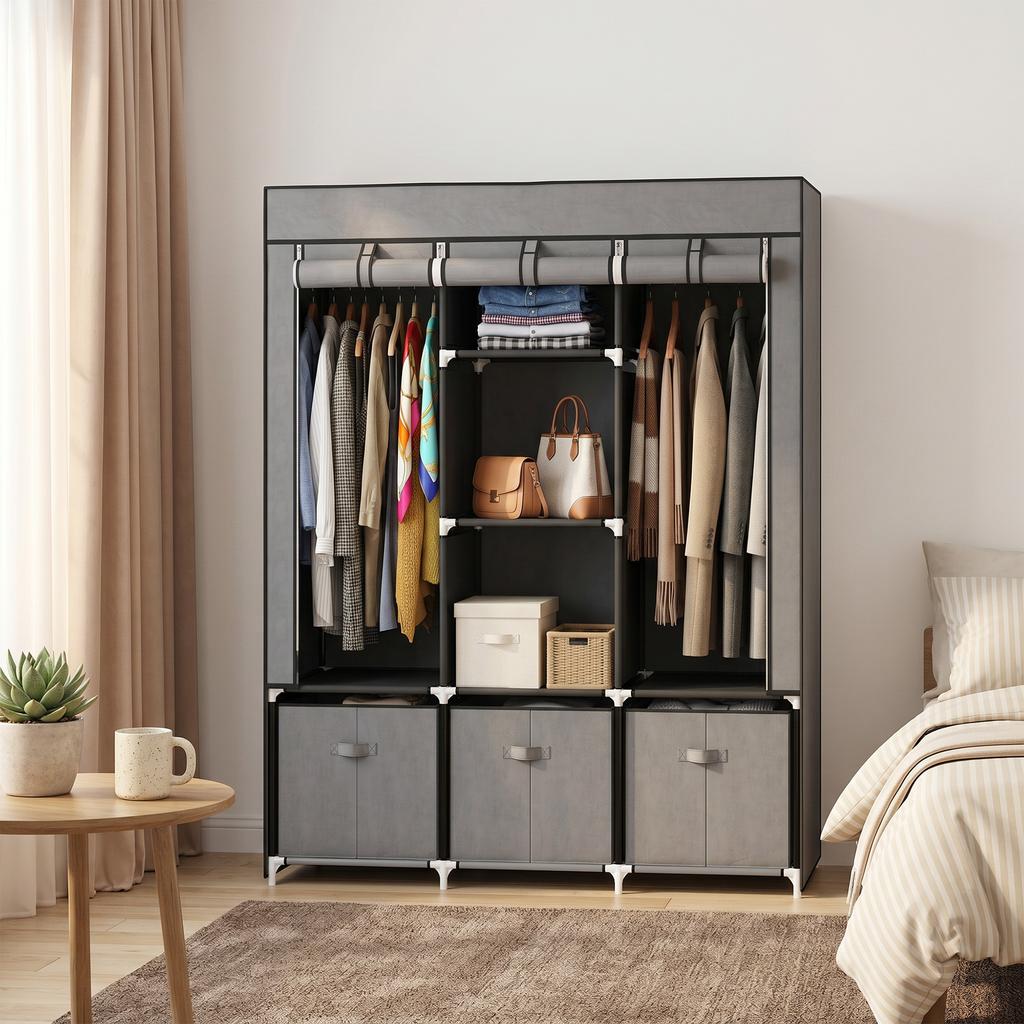 Fabric Wardrobe made of Non-Woven Fabric, Folding Wardrobe, incl. 3 Drawers, 125 cm x 43 cm x 162.5 cm, Grey