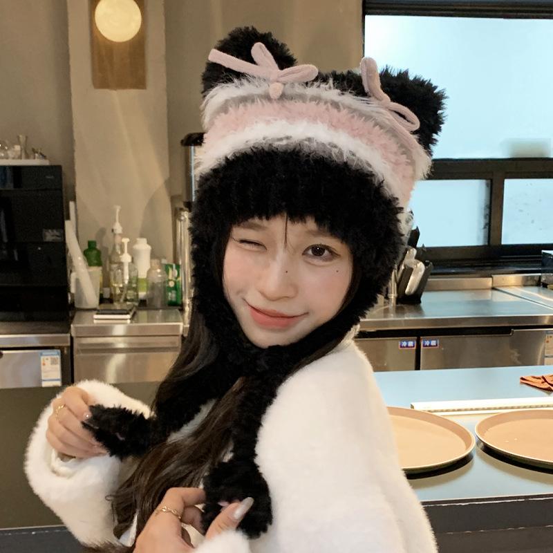 

New cute color matching striped bow plush ear guard hat warm versatile can be used as a bag woman 52-56cm бежевий