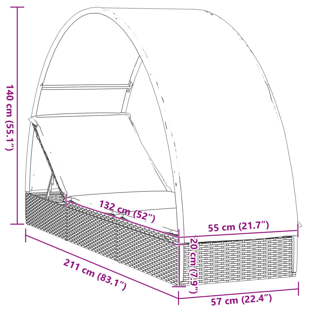 Black Sun Lounger with Round Canopy 211 x 57 x 140 cm Poly Rattan