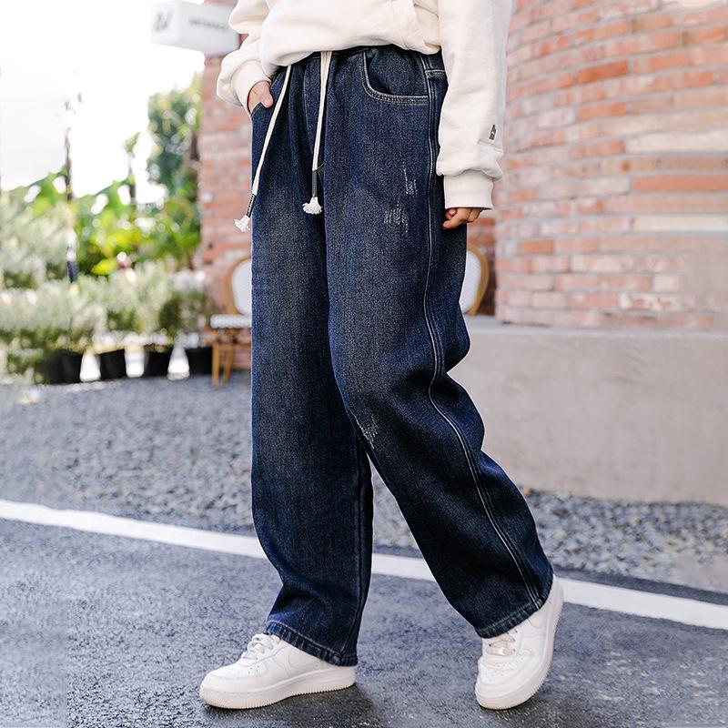 Girl s Plus Velvet High-Waisted Wide-Leg Denim Pants - Slimming & Thick for Junior High Students Double Extra Large