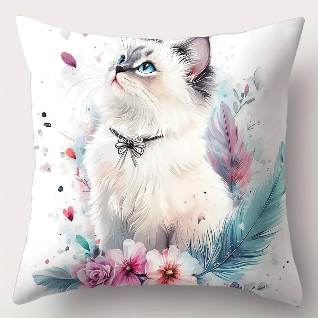 Cute Cat Floral Printed Cushion Pillow Home Decor Polyester Pillowcase, Sofa Decorative Cushion Cov Headboard Pillow