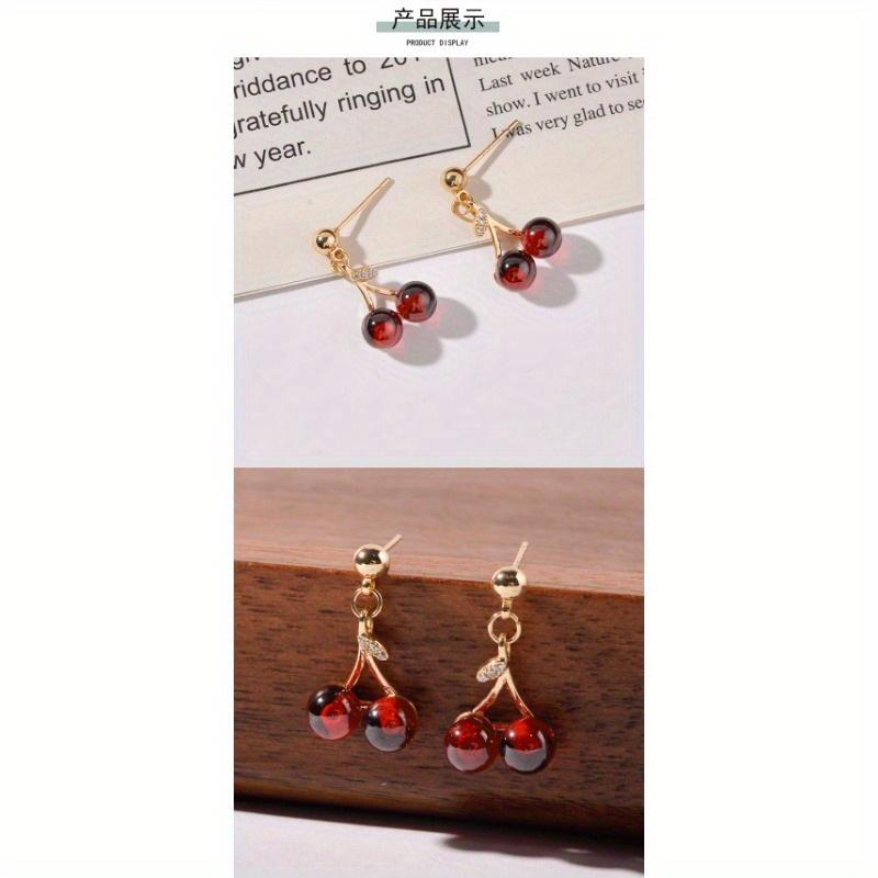 Ladies' Golden Cherry Earrings, Embellished with Red Beads, Simple Style Sweet and Fresh Design, Cute Cherry Shaped Accessories.