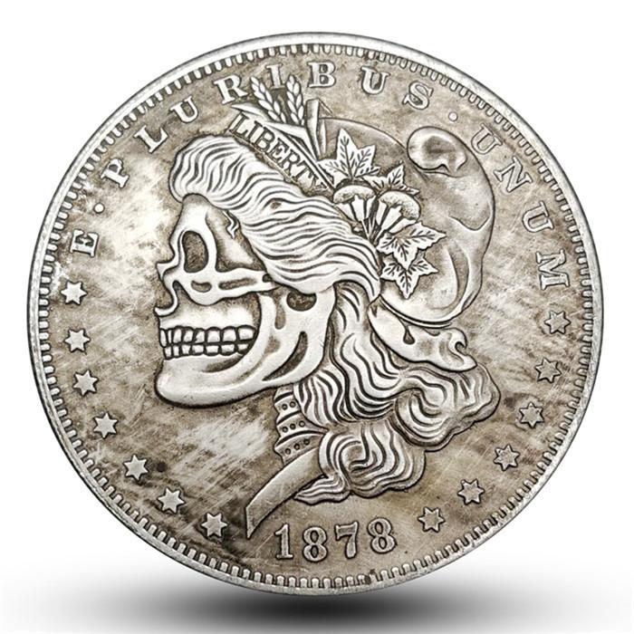 1878, skull, wandering style, antique, craftwork, badge, ornament, metal, retro, coin, antique, creative coin, Christmas gift, Stocking stuffers
