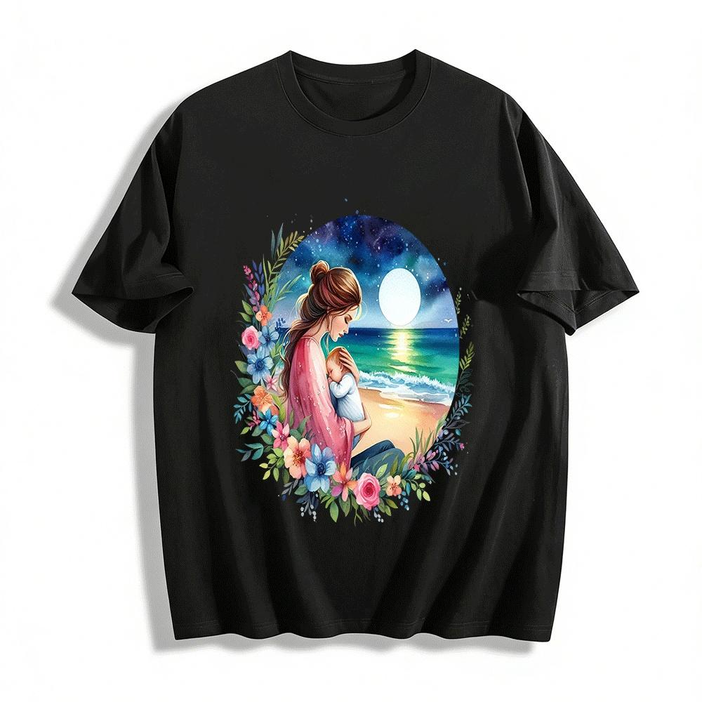Moonlit Beach Mother And Baby Embrace Print Casual Top Pure cotton T-shirt XXS