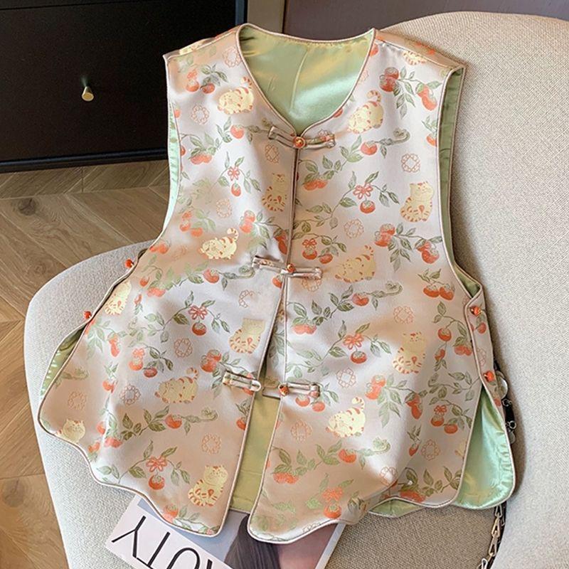 

Весенне-осенний жилет 2025 Новый атласный жилет без рукавов на пуговицах-дисках Топ-жилет Ankola Красный M [Recommended below 50kg]