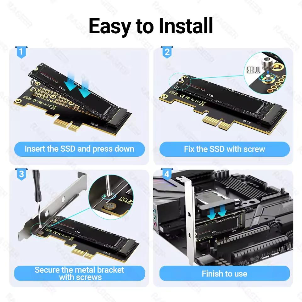 PCIe-zu-NVMe-X1-Adapterkarte, PCI Express 4.0/3.0 16 Gbit/s zu M.2 2280/60/42/30 SSD-Konverter mit Metallprofilhalterung