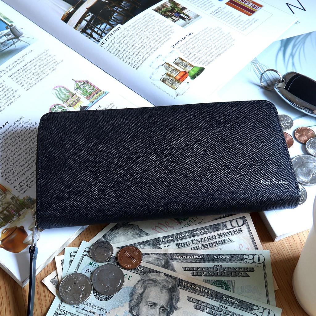 Paul Smith Carteira Longa Embrulhada para Presente com Listra Colorida Couro de Vaca 813019 P917 Sem Fechamento Zíper em Volta, Puxador, Porta-Moedas, Couro, (01. Preto,