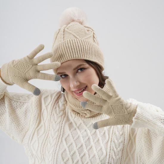 3Pcs/Set Women Hat Scarf Gloves Set Solid Color Design Twist Texture Thickened
