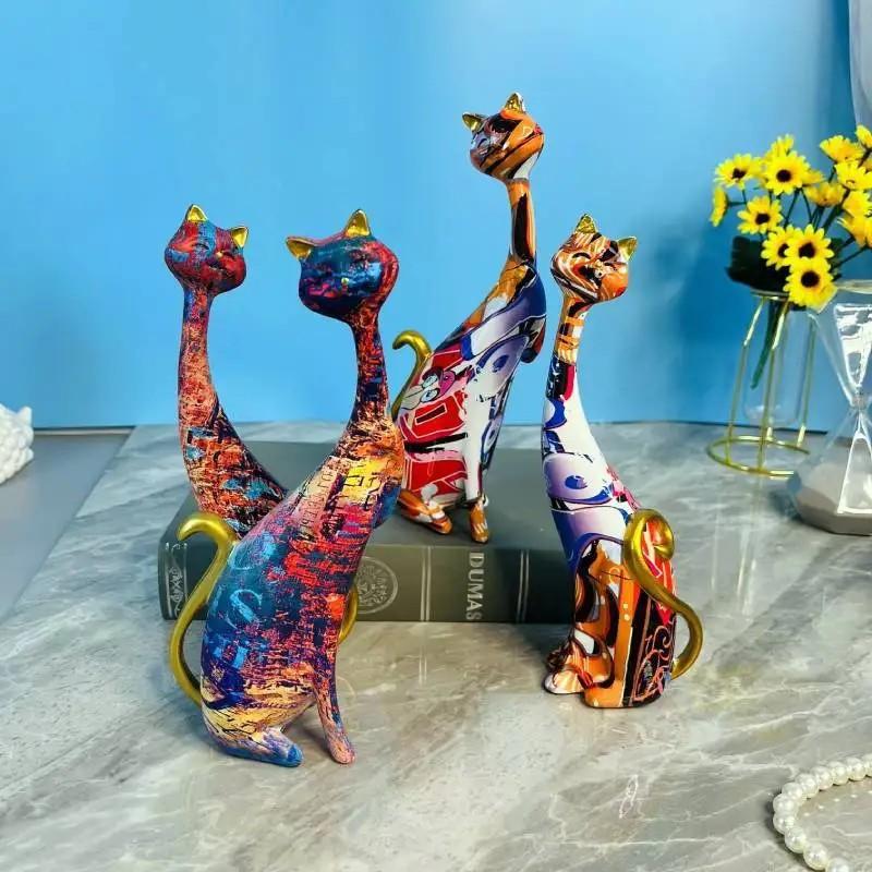 Home Decor Nordic Graffiti Art Oil Painting Cat Decoration Resin Abstract Ornament Figurines Bedroom Desktop Porch Cat Sculpture