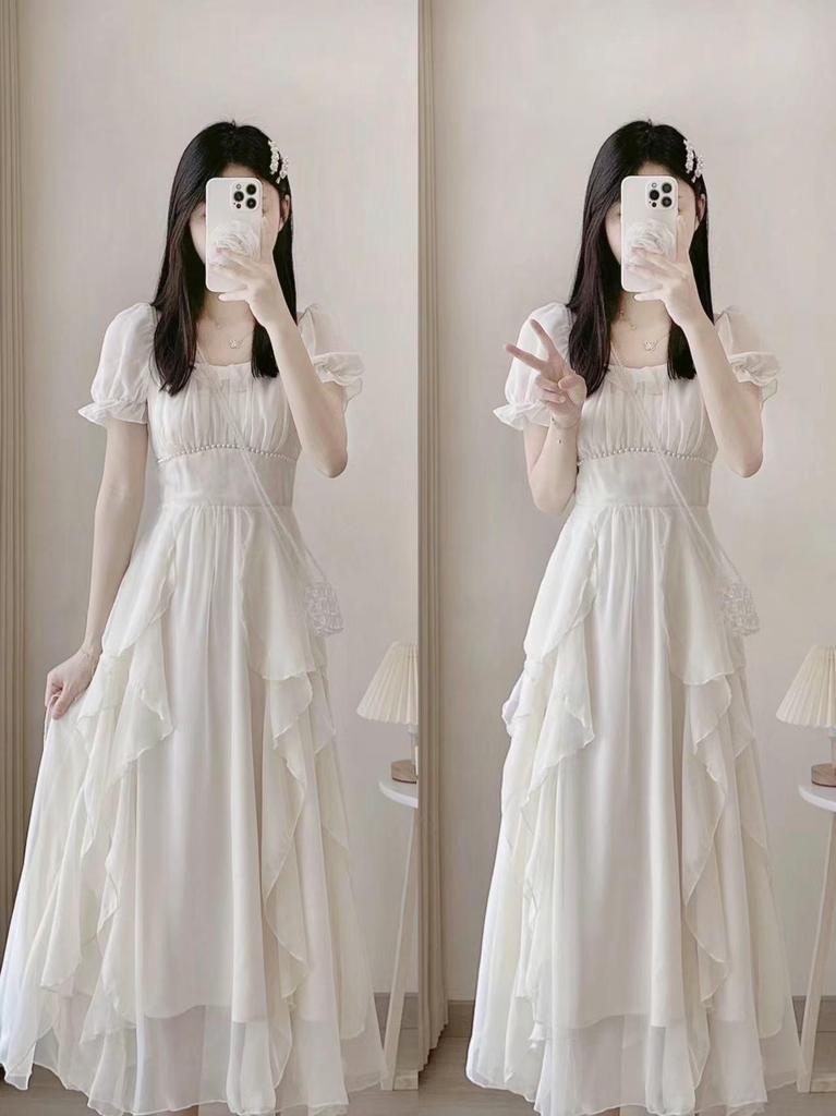 French square collar sweet gentle wind dress women's summer women's clothing waist thin ruffle edge long fairy skirt