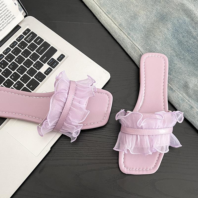 Fashion Large Size Flip-flops Women's Fashion Square Head Open-toed Wooden Ear Edge Soft Soles Anti-slip Wear-resistant Flat Shoes