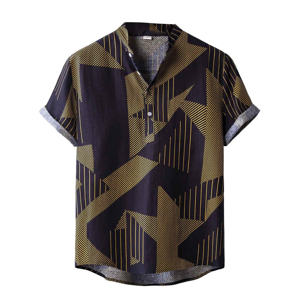 Mens Linen Ethnic Short Sleeve Casual  Printing Hawaiian Shirt Blouse T-shirt
