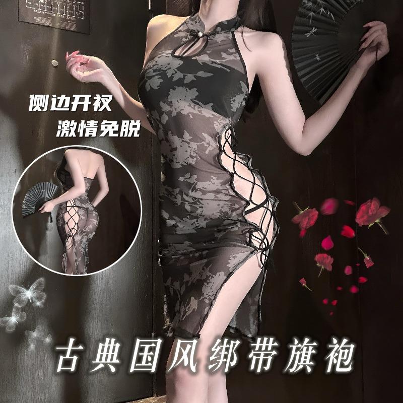Sex underwear pure desire sexy black sleeveless cheongsam sex pajamas hollow slim slim bag sexy pajamas women