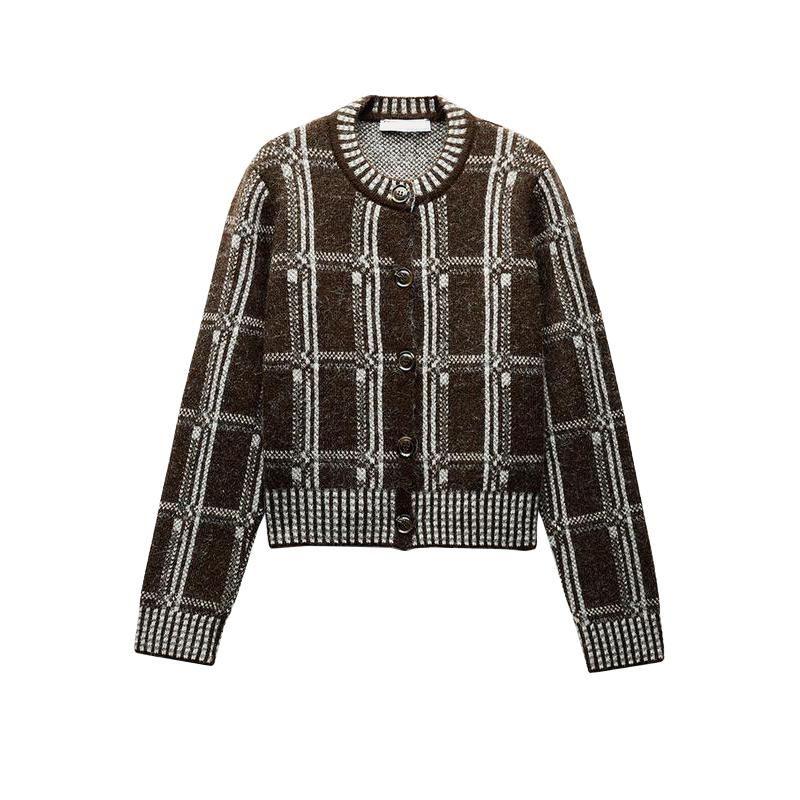 25 Spring New Women's Clothing Idle Style Plaid Printed round Neck Long Sleeves Knitting Cardigan Outwear 6236006