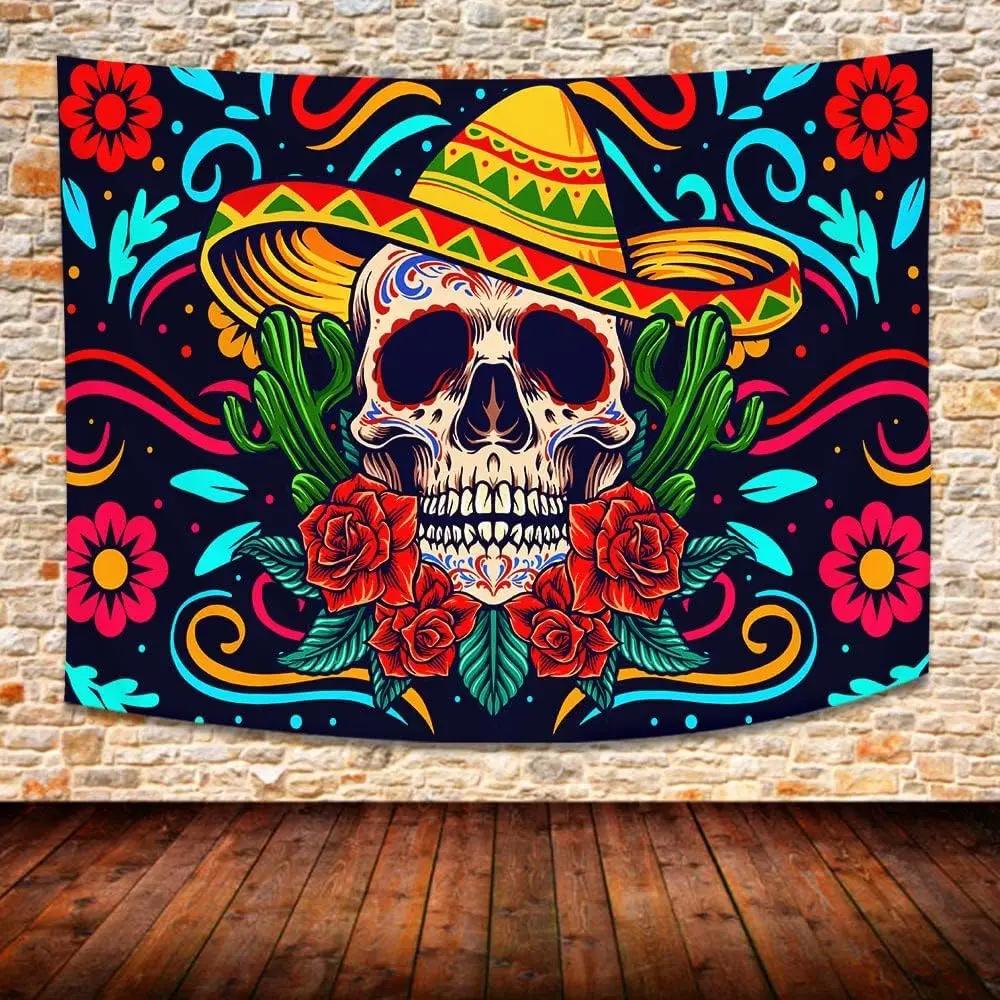 Trippy Skull Tapestry Psychedelic Mexican Sugar Skull Tapestry Botanical Flower Cactus Peach Skin Fabric Wall Art Tapestries for