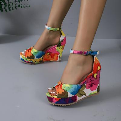 Bohemian Style Print Wedge Sandals for WomenAnkle Strap Chunky Platform Sandles WomanThick Sole Wedges Heels Roman Sandalias