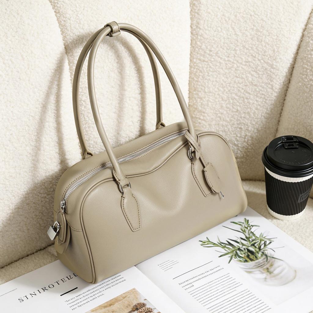 Leather Long Handled Bowling Bag, New Niche, Light Luxury, Old Money Style Handbag, Crossbody Bag