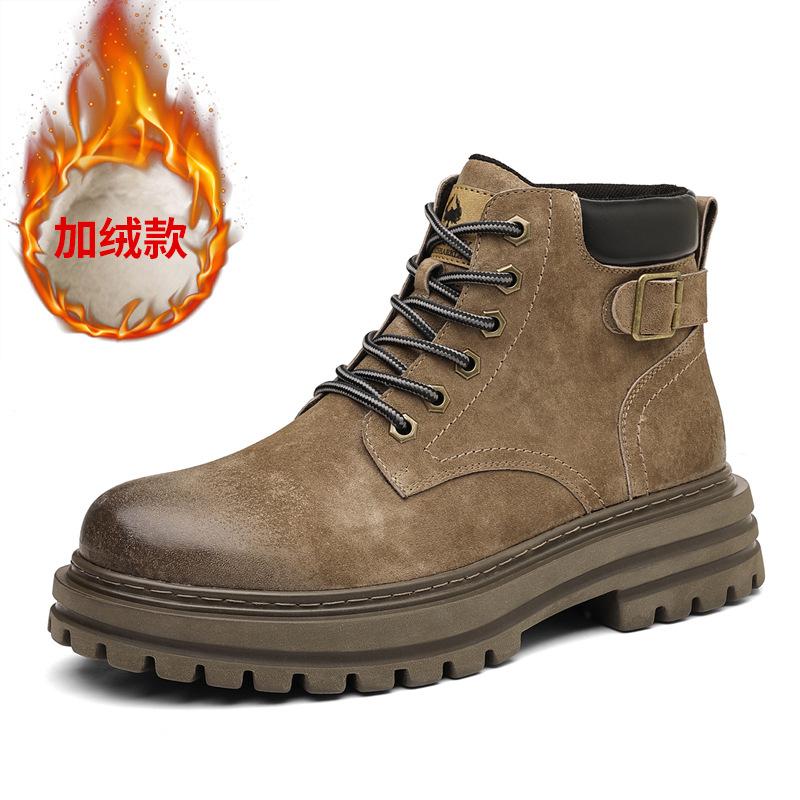 Autumn Winter Buckle Designer Platform Boots for Men New Fashion Casual Work Shoes Male Solid Color Yellow Leather Boots Man