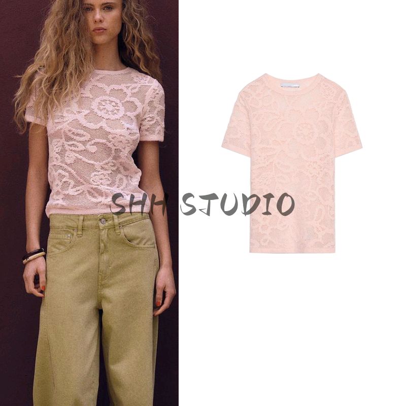 Summer New Arrival Women's round Neck Silm Short Sleeve T-shirt Flower Print Texture Knitting Tops 0234006