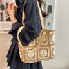 Crochet Square Patchwork Tote Bag Handwoven Contrast Color Flower Pattern Design Women Bohemian Style Beach Vacation Shoulderbag