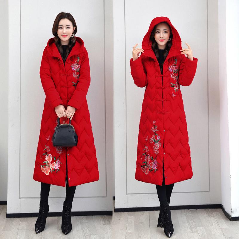 Mother's embroidered cotton-padded clothes with zipper Women's medium and long loose large size down cotton-padded clothes Winter cotton-padded