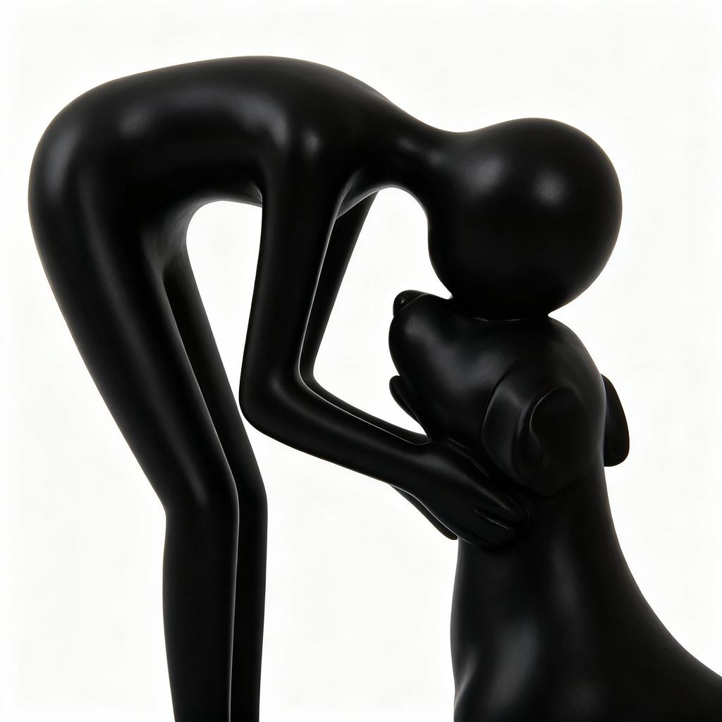 Abstract Black Resin Sculpture: Woman & Dog Hugging Figurine - Modern Pet Lover Gift Home Office Decor
