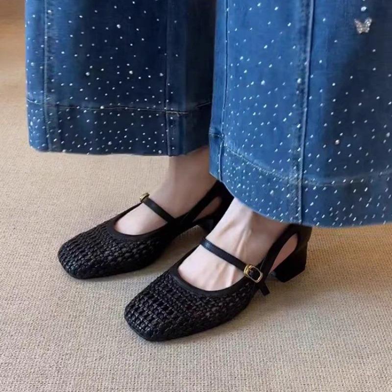 Fashion French Cool Single Shoes Women's Cutout Woven Medium Block Heel Shallow Mouth Side Empty Breathable Mary Jane Shoes