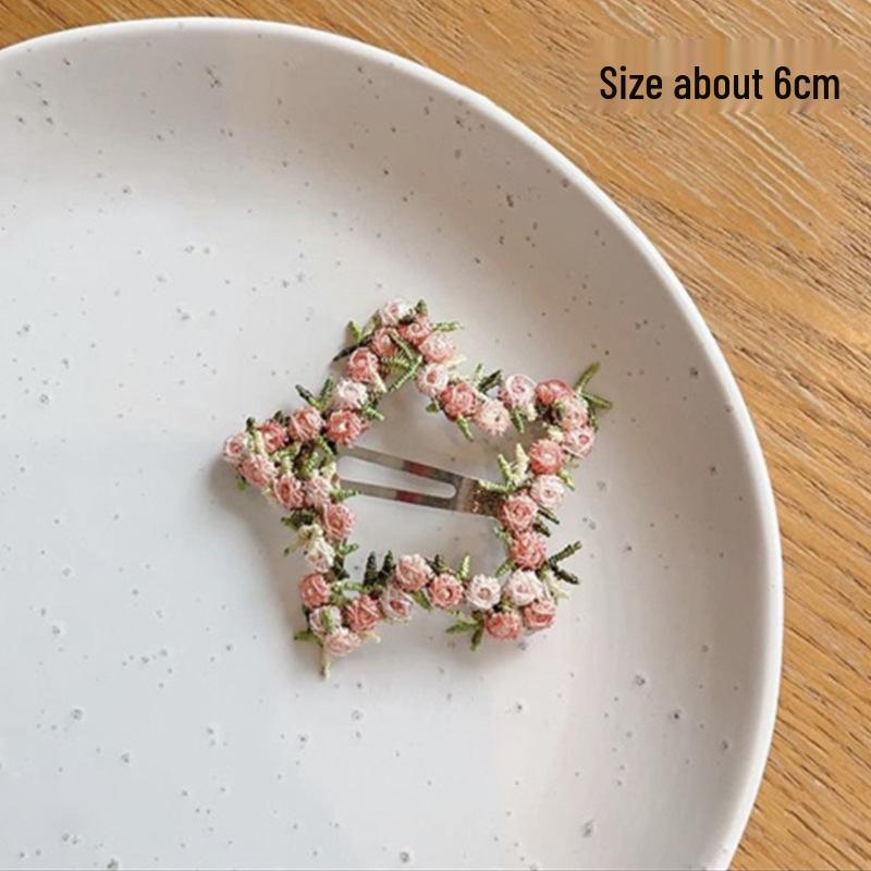 2025 Spring/Summer Sweet Pink Flower Embroidered Hair Clip for Kids