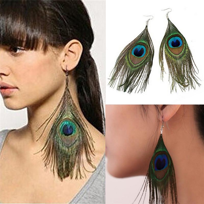 Style Assorted Color Peacock Natural Feather Earrings Drop Earrings